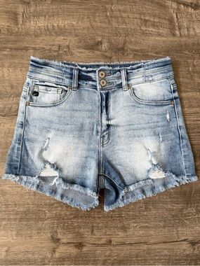 KanCan High Rise Distressed Denim Shorts Raw Hem Light Wash Size 29
